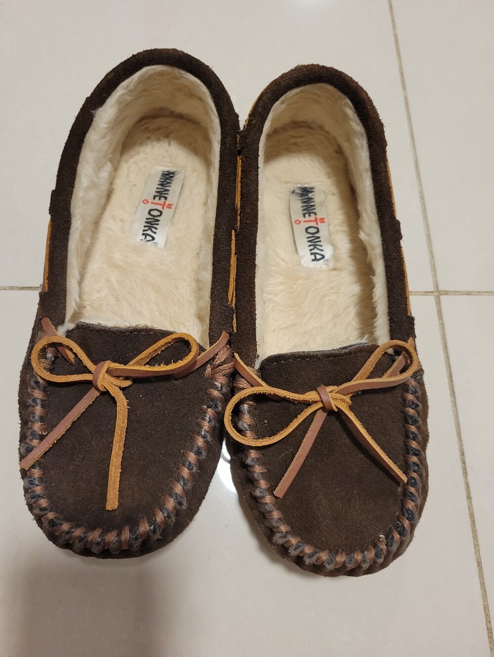 Minnetonka Brown Suede Moccasins with Tan Lace Accents
